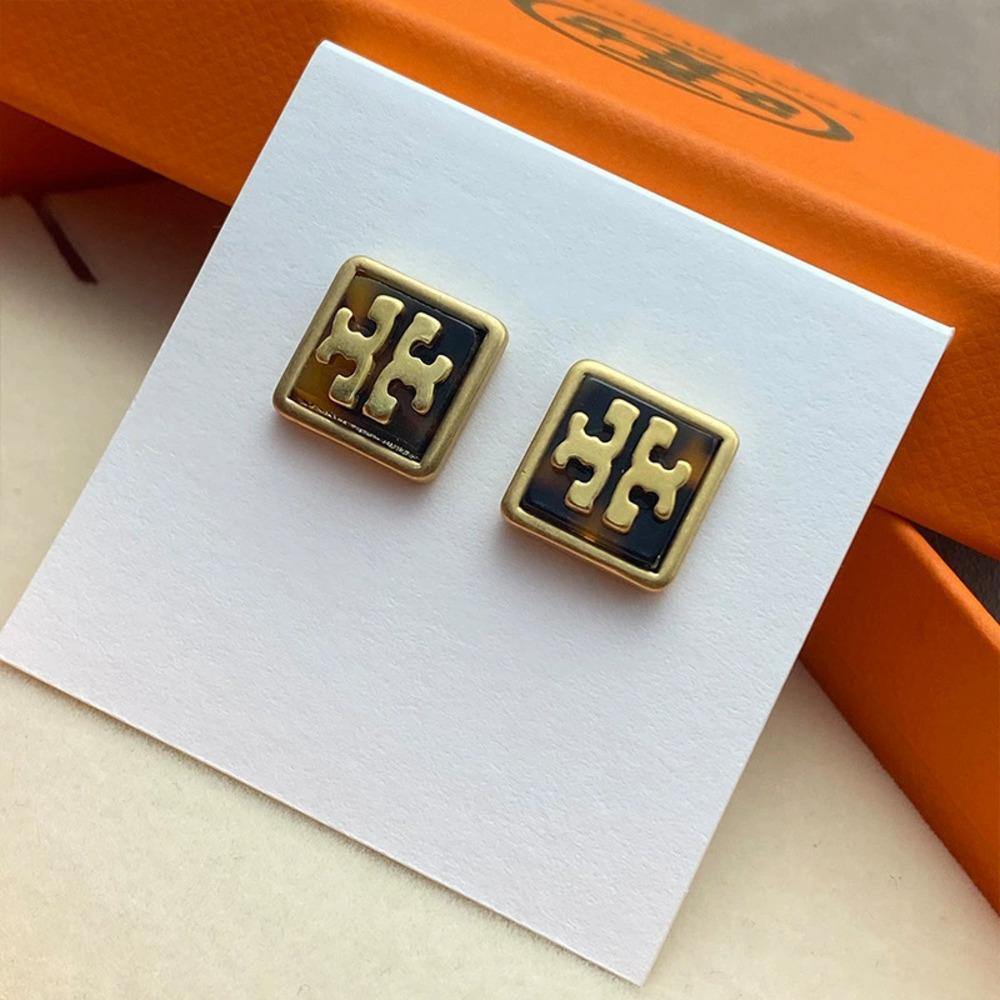 Tory Burch Gold Plated Double Geometric Square Metal Stud Earrings